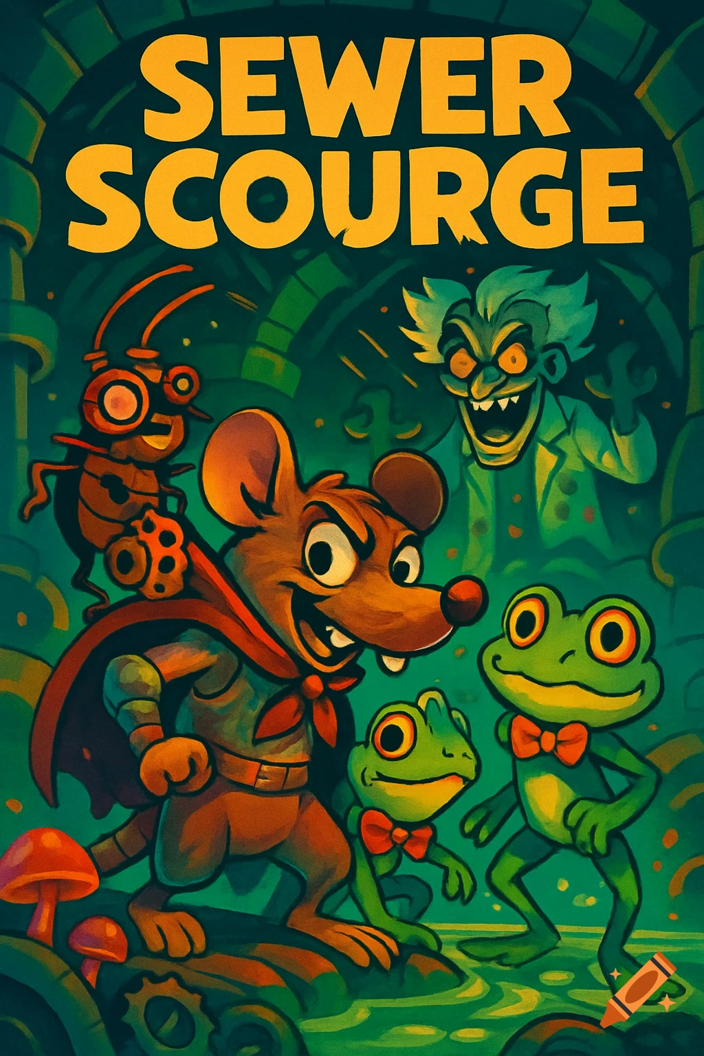Cartoony game poster for "Sewer Scourge" featuring a heroic rat, a cockroach, two frogs, and a mad scientist villain in a dark sewer.