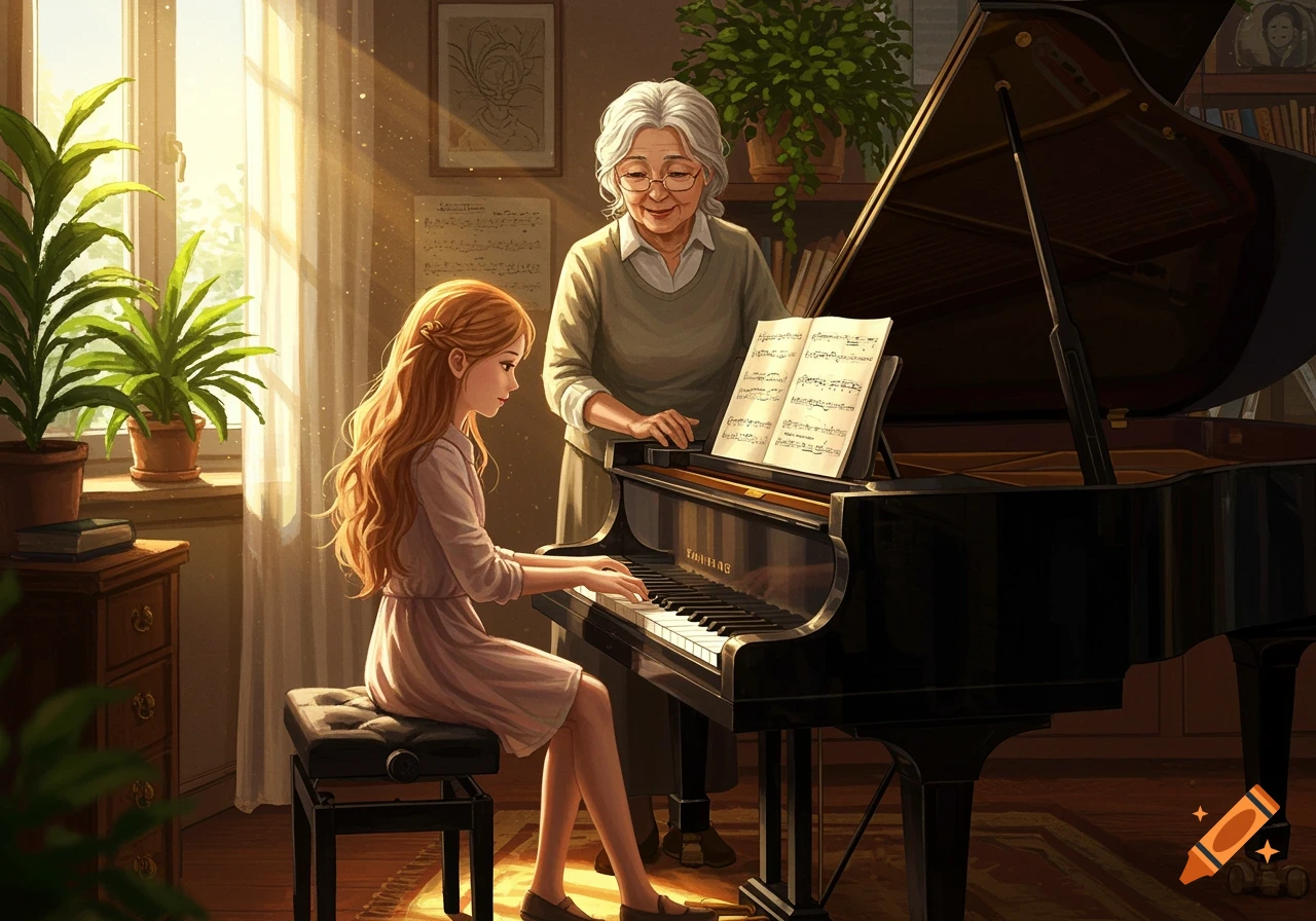 A young girl with long, wavy red hair plays a black grand piano in a sunlit room, with an older woman, her teacher, standing beside her, overseeing the sheet music.