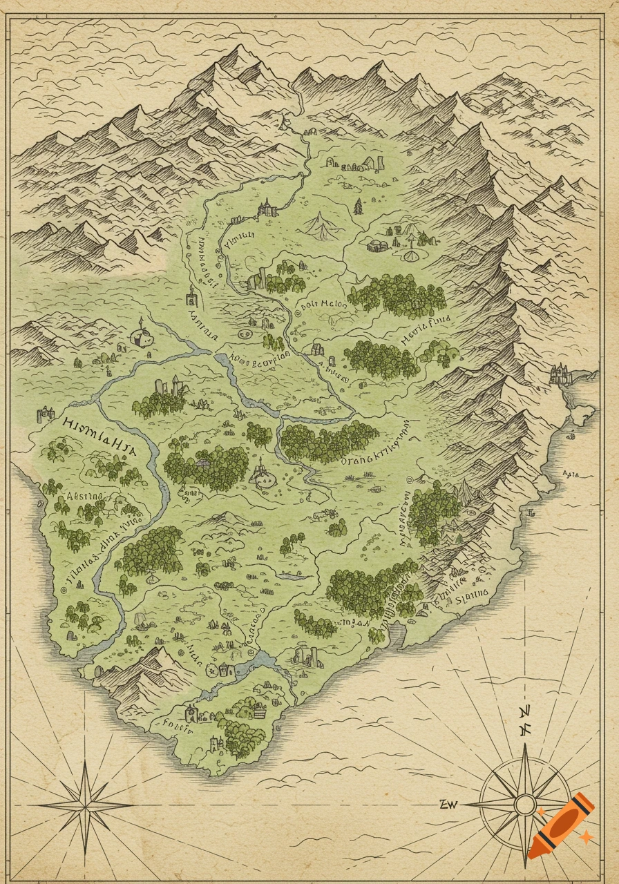 A hand-drawn fantasy map of a land with mountains, rivers, forests, and settlements, with labeled regions and a compass rose.