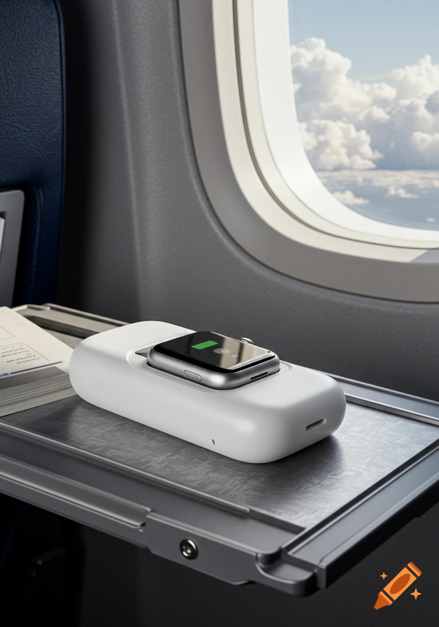 Apple Watch charging on a white case on an airplane tray table, with a view of clouds through the window.
