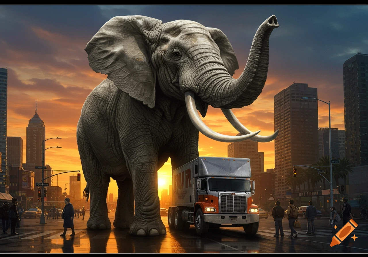 A gigantic photorealistic elephant stands over a box truck in a bustling city street at sunset.