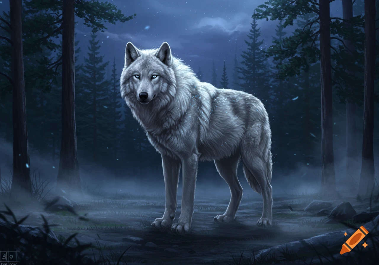 A white wolf with brilliant blue eyes stands in a dark, misty forest at night, with sparkling light motes.