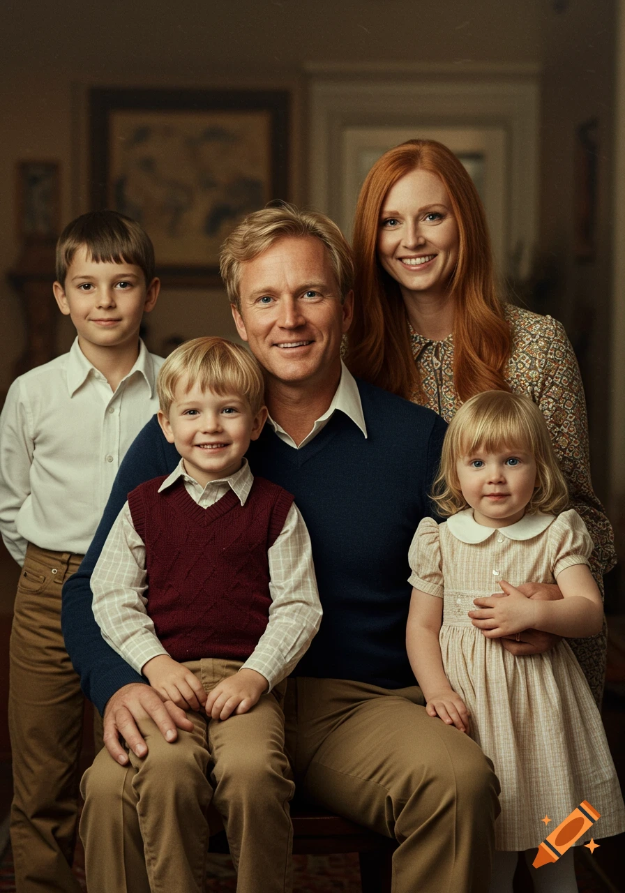 A smiling family of five, including two parents and three children, posed for a vintage-style indoor portrait.