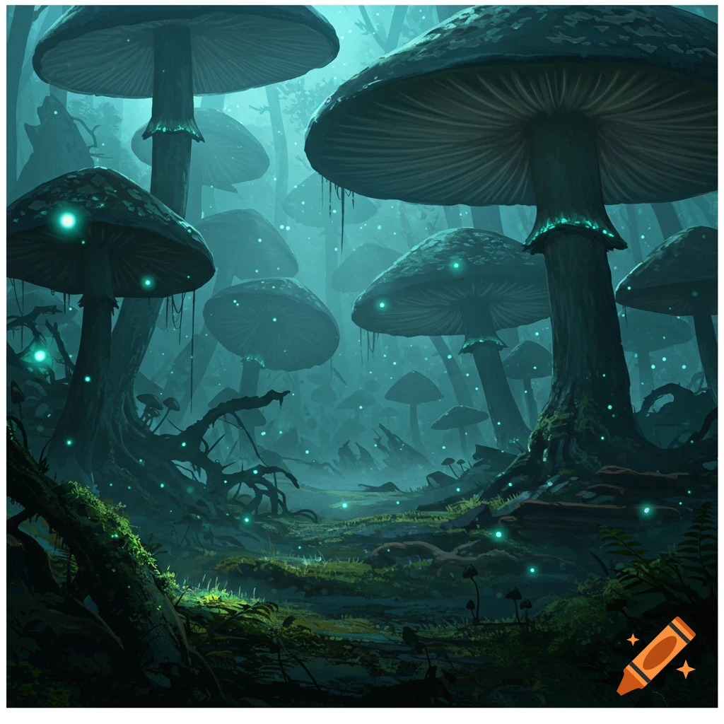 A dark, misty fantasy forest with giant, glowing teal mushrooms and bioluminescent spores on the ground.