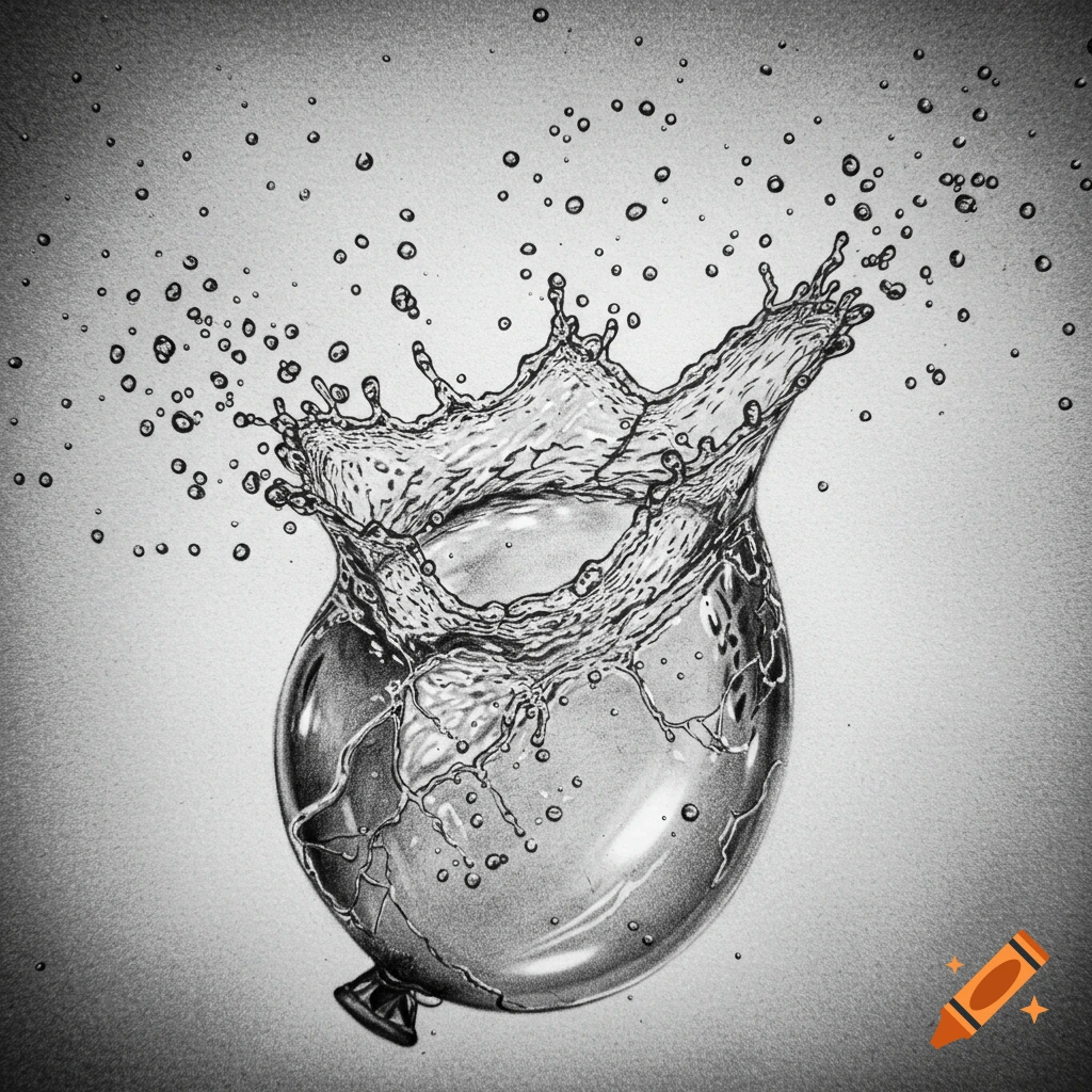Detailed black and white sketch of a water balloon bursting, with water splashing outwards.
