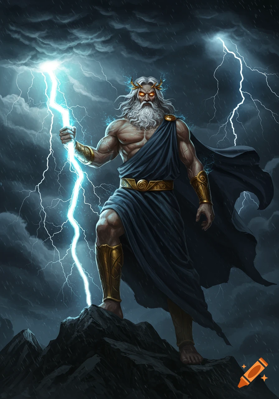 Percy Jackson facing an angry Zeus in Olympus on Craiyon, image size:896x1280