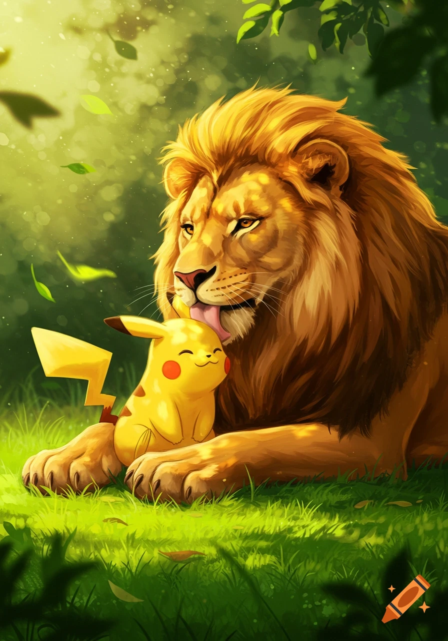 An illustration of a large lion gently licking a smiling Pikachu in a sunlit grassy forest.