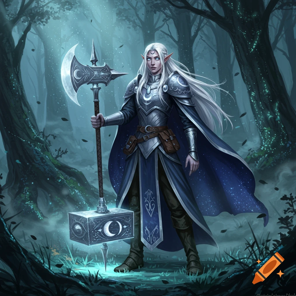 A silver-haired moon elf cleric in ornate blue and silver armor holds a glowing warhammer in a mystical, moonlit forest.