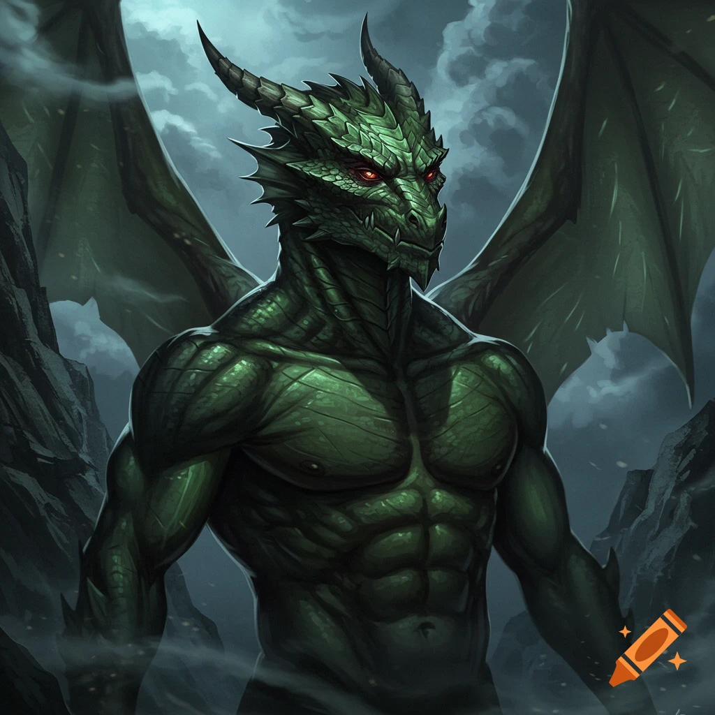 Muscular, green-scaled dragon-like man with glowing red eyes and large wings in a misty, rocky fantasy landscape. Digital art.