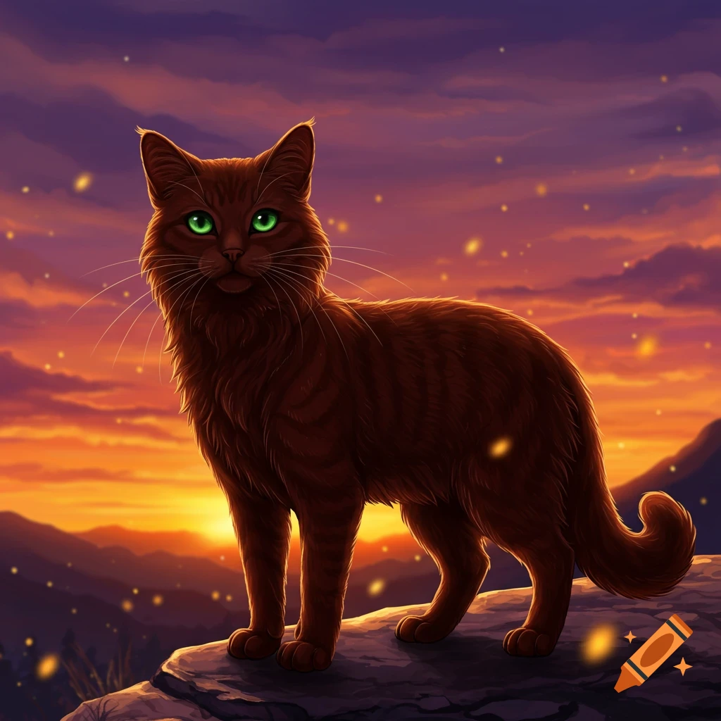 Anime-style brown cat with vibrant green eyes standing on a rock against a dramatic orange and purple sunset landscape.