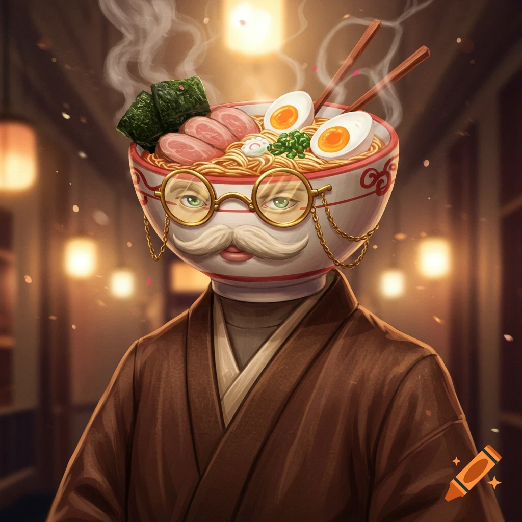 An anthropomorphic ramen bowl character wearing a brown kimono and light gold glasses with chains, depicted in a stylized art form.