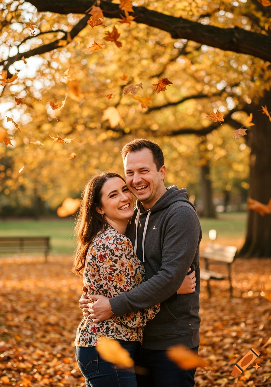 Happy couple embracing outdoors in an autumn park with golden leaves falling, warm sunlight.