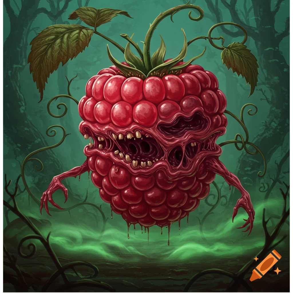 Grotesque zombie raspberry with multiple mouths and skeletal arms floating in a dark, misty forest. Dark fantasy illustration.