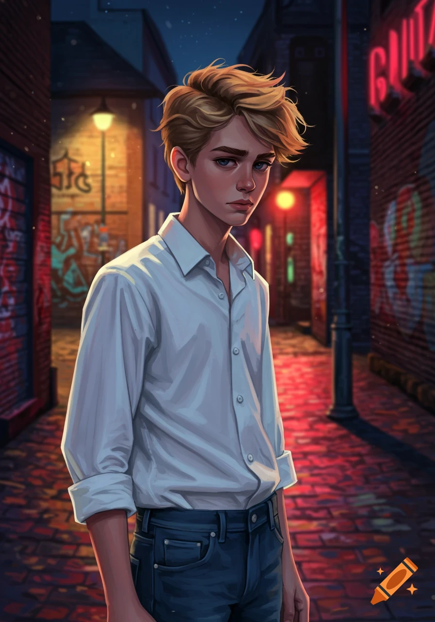 Digital art of a blond teenage boy with messy hair in a white shirt and blue jeans, standing in a dark, graffiti-covered alleyway at night.