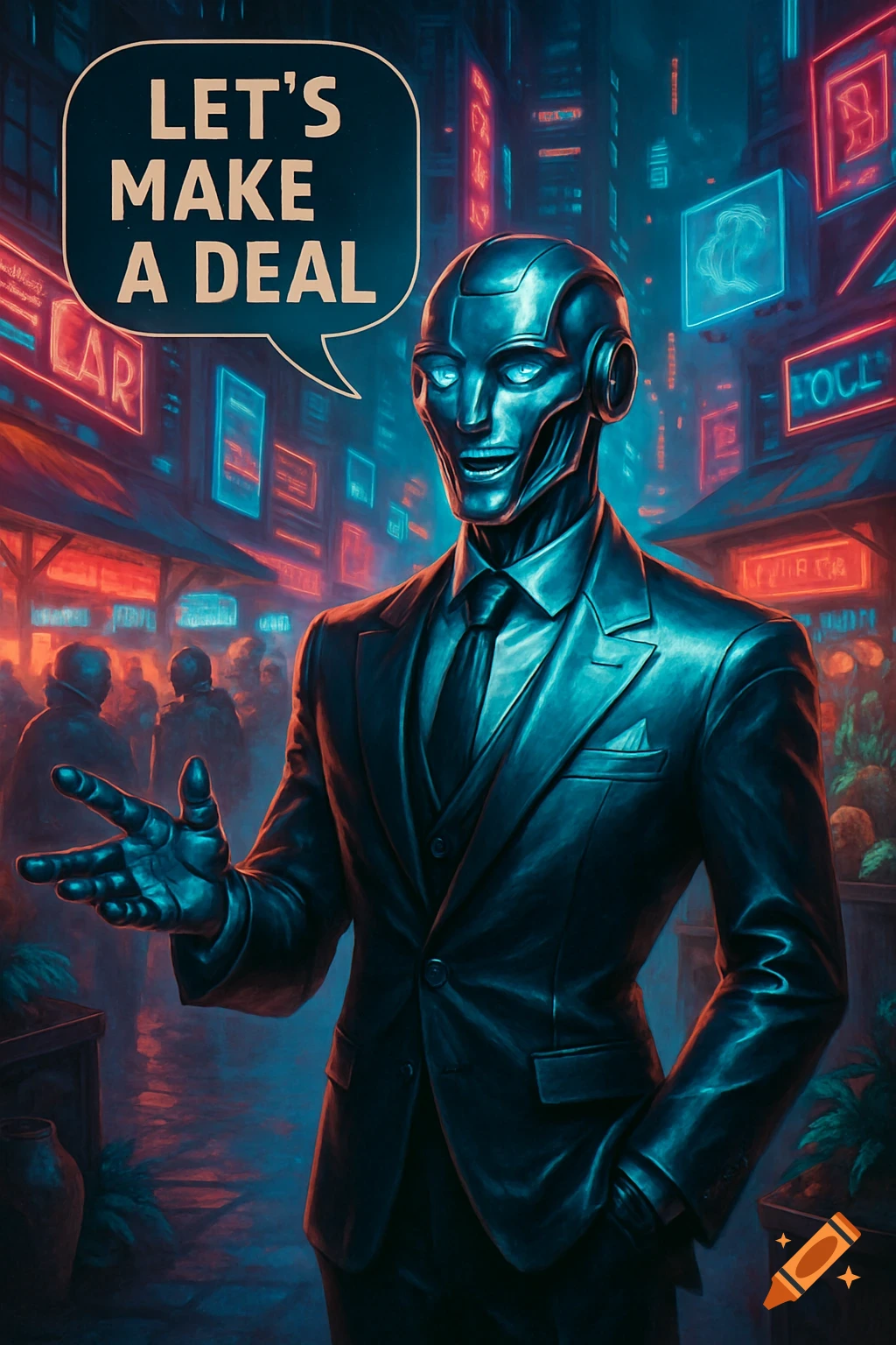 A sleek, metallic robot in a suit stands in a futuristic, neon-lit city street, holding one hand out with an open palm. A speech bubble above its head reads, "LET'S MAKE A DEAL."