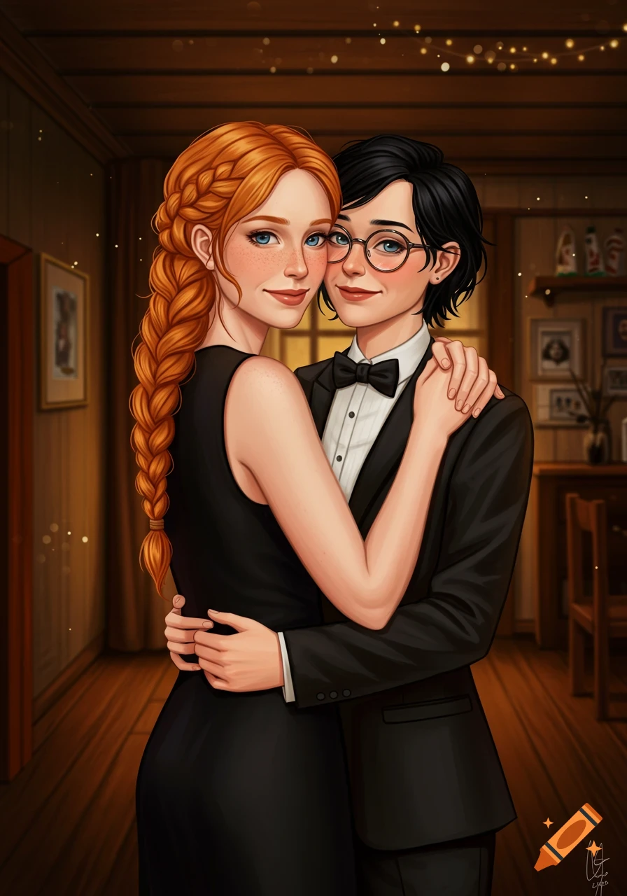 Digital illustration of two women, one with red braids in a black dress, the other in a tuxedo and glasses, embracing and smiling.