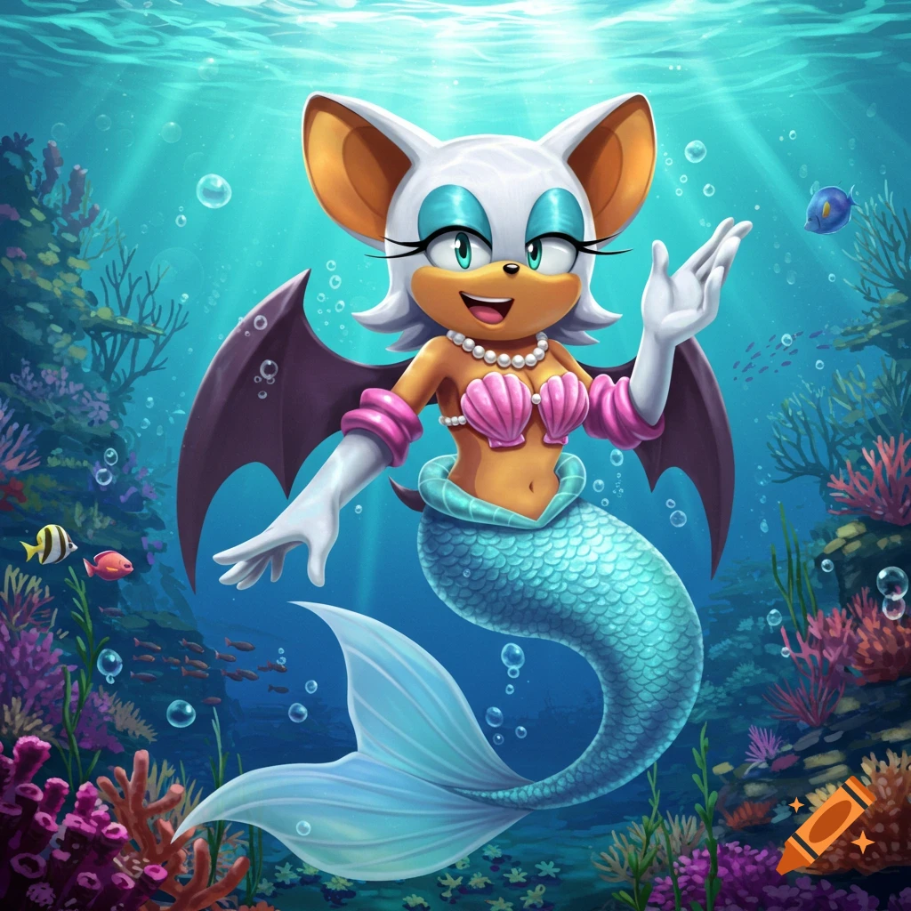 Colorful illustration of Rouge the Bat as a mermaid, smiling and waving underwater among coral and fish.