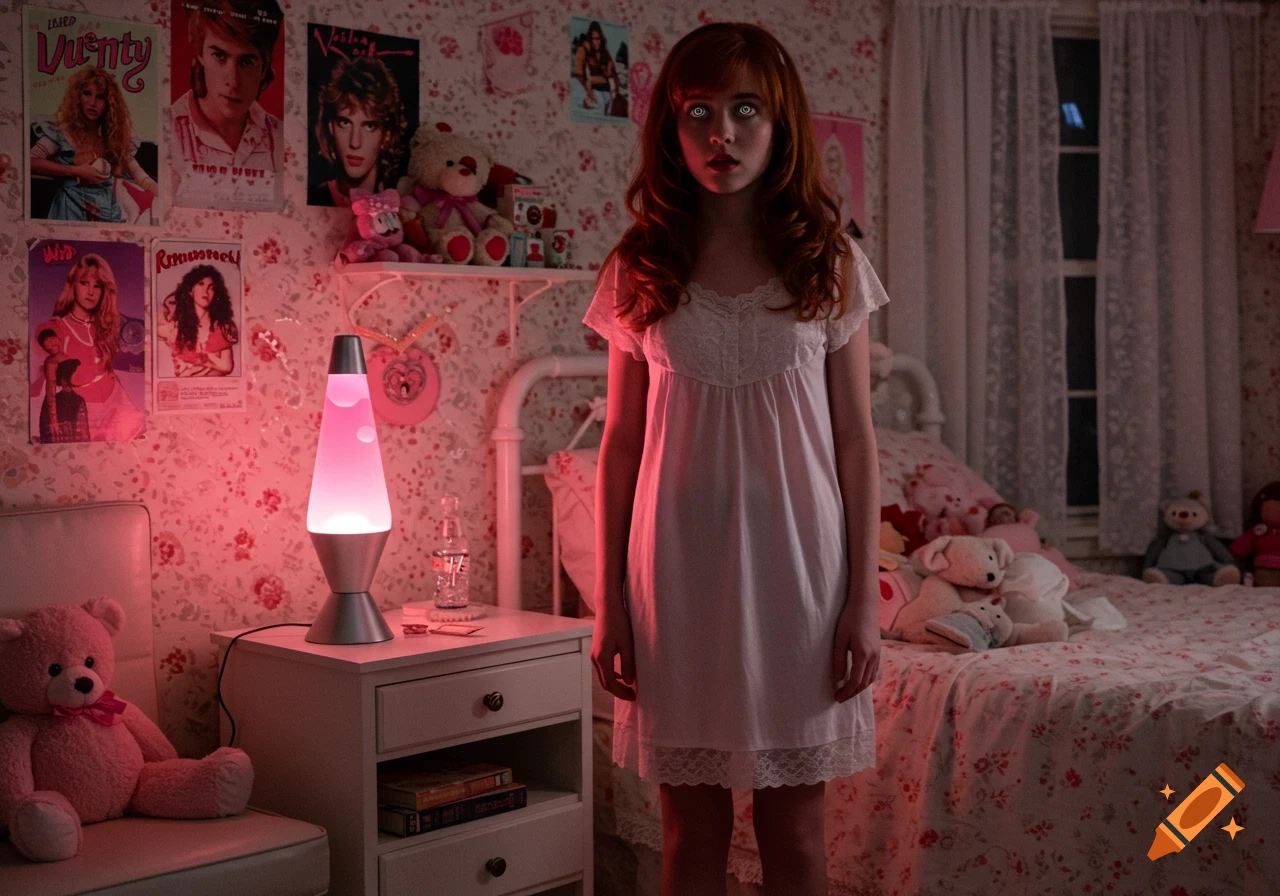 A girl with red hair and glowing white eyes stands in a pink 80s-themed bedroom, wearing a white nightgown. A lava lamp emits a pink glow.