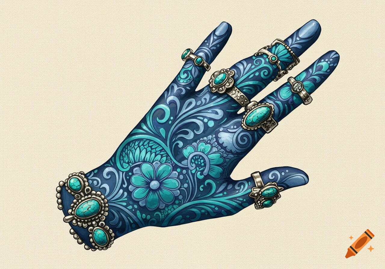 A hand adorned with intricate blue and turquoise floral patterns and silver rings with turquoise stones.