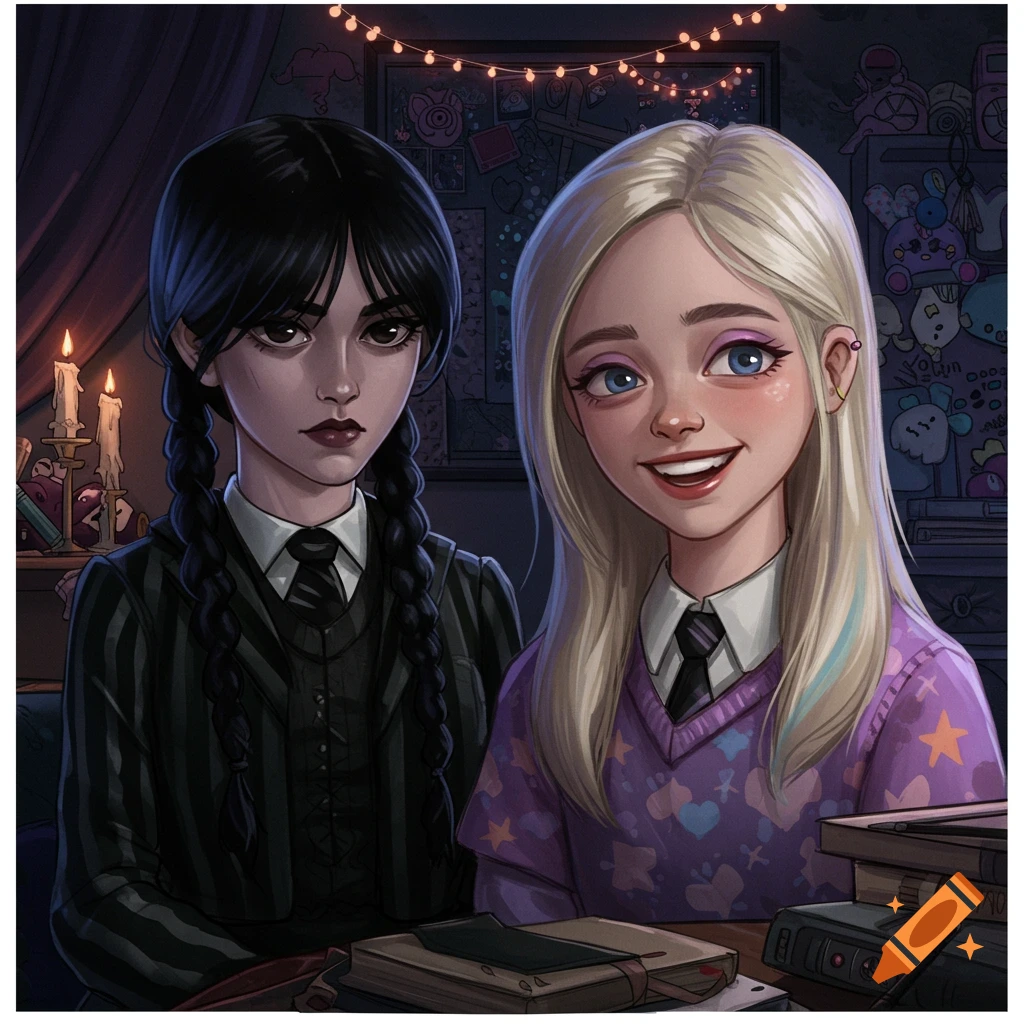 Stylized illustration of Wednesday Addams and Enid Sinclair in their dorm room. Wednesday looks grim, Enid smiles.
