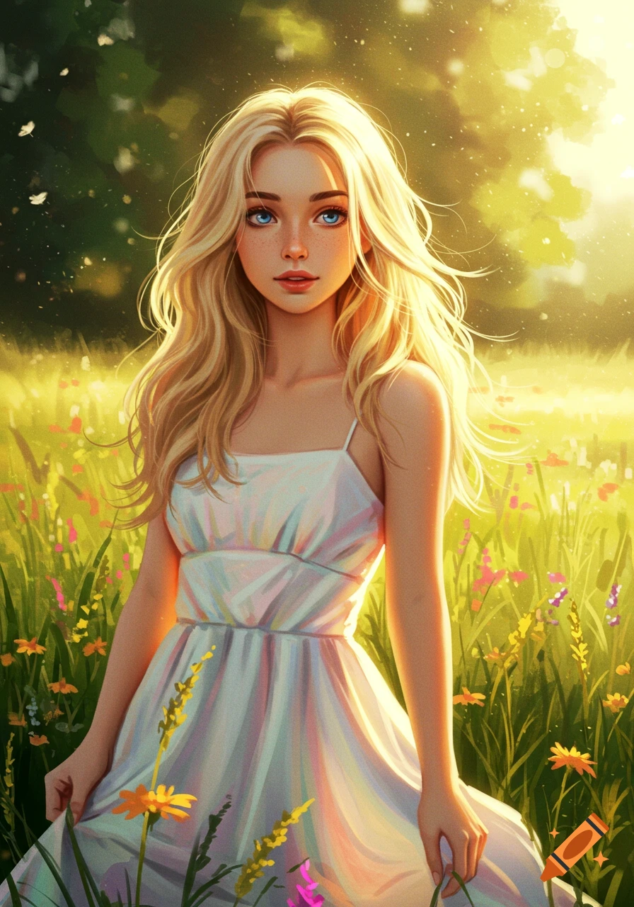 Illustrative portrait of a blonde woman in a white sundress standing in a golden, sunlit meadow with wildflowers.