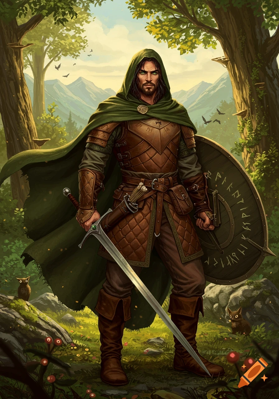 A stoic fantasy ranger with long dark hair, a beard, and glowing green eyes, stands in a vibrant forest. He wears green hooded cloak over brown leather armor, holding a sword and a round shield with runes.