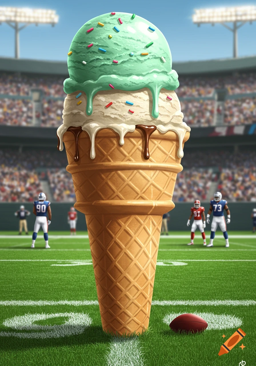 A giant two-scoop ice cream cone with sprinkles and chocolate syrup stands on a football field with blurred players in the background.