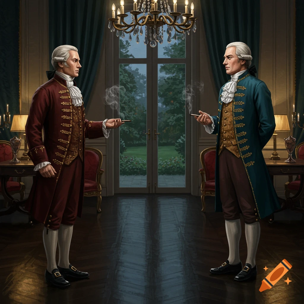 Two men in ornate 18th-century attire face each other in an opulent room, holding smoking pipes.
