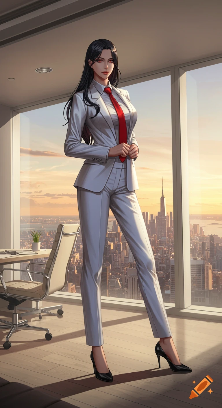 Anime woman, a CEO in a white suit and red tie, stands confidently in a skyscraper office overlooking a city at sunset.