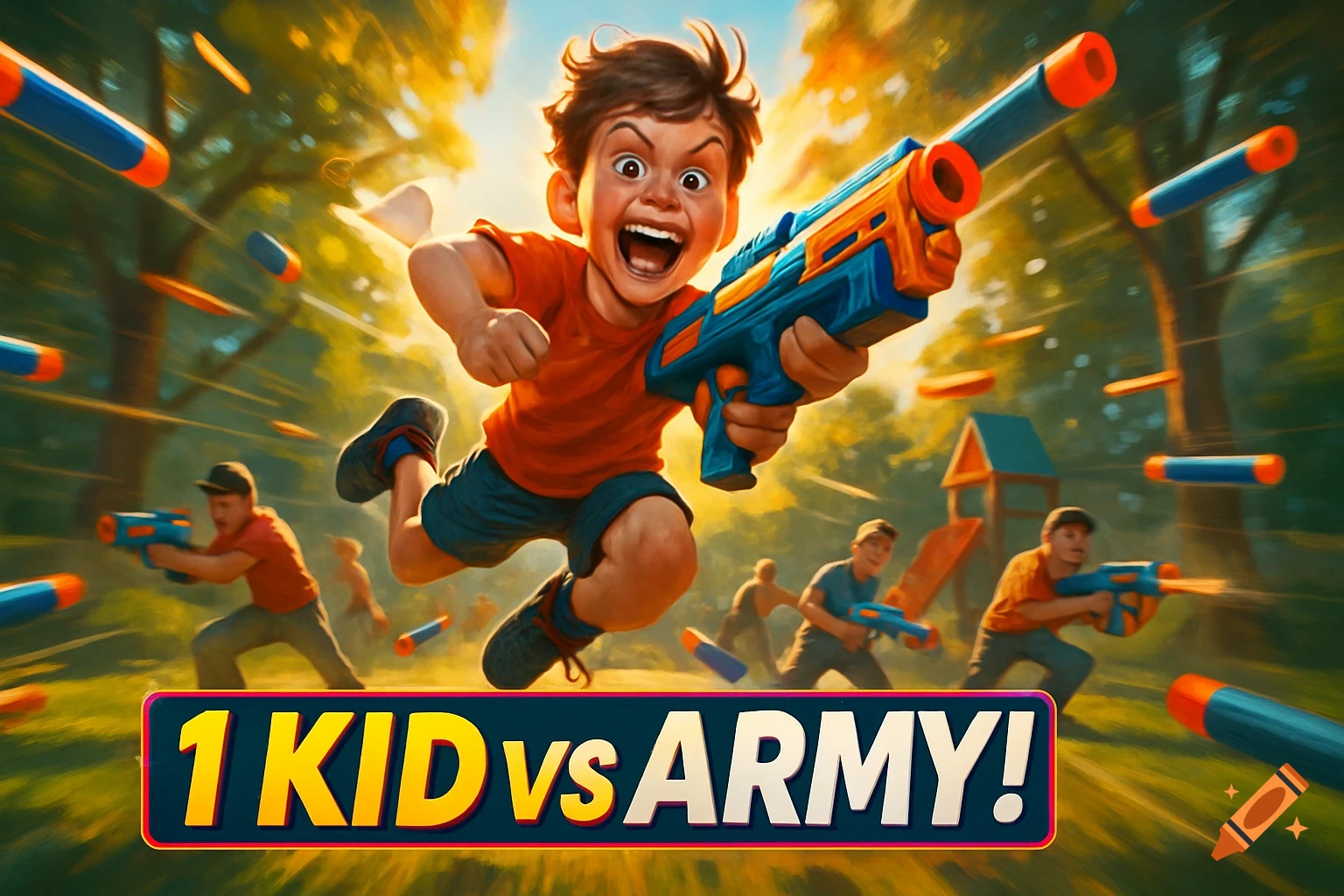 Energetic boy jumps, firing a toy blaster in a sunny backyard Nerf war, text '1 KID vs ARMY!'.