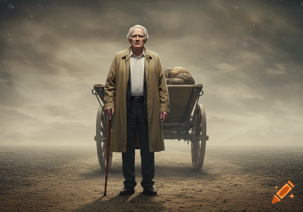 A photorealistic image of a serious old man in a trench coat and with a cane, standing before a wooden wagon in a desolate, dusty landscape.