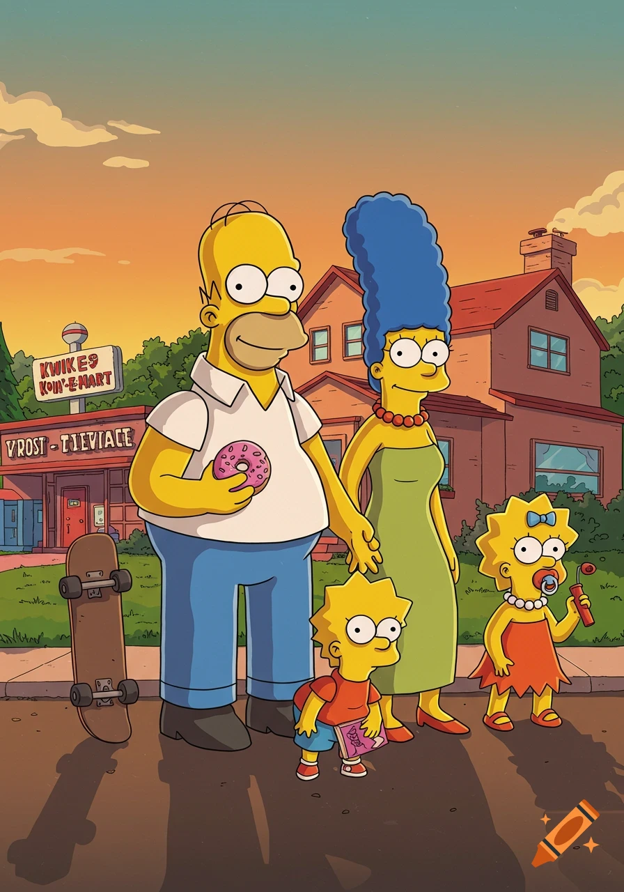 The cartoon Simpsons family stands on a street with their house and Kwik-E-Mart in the background, Homer holding a donut.