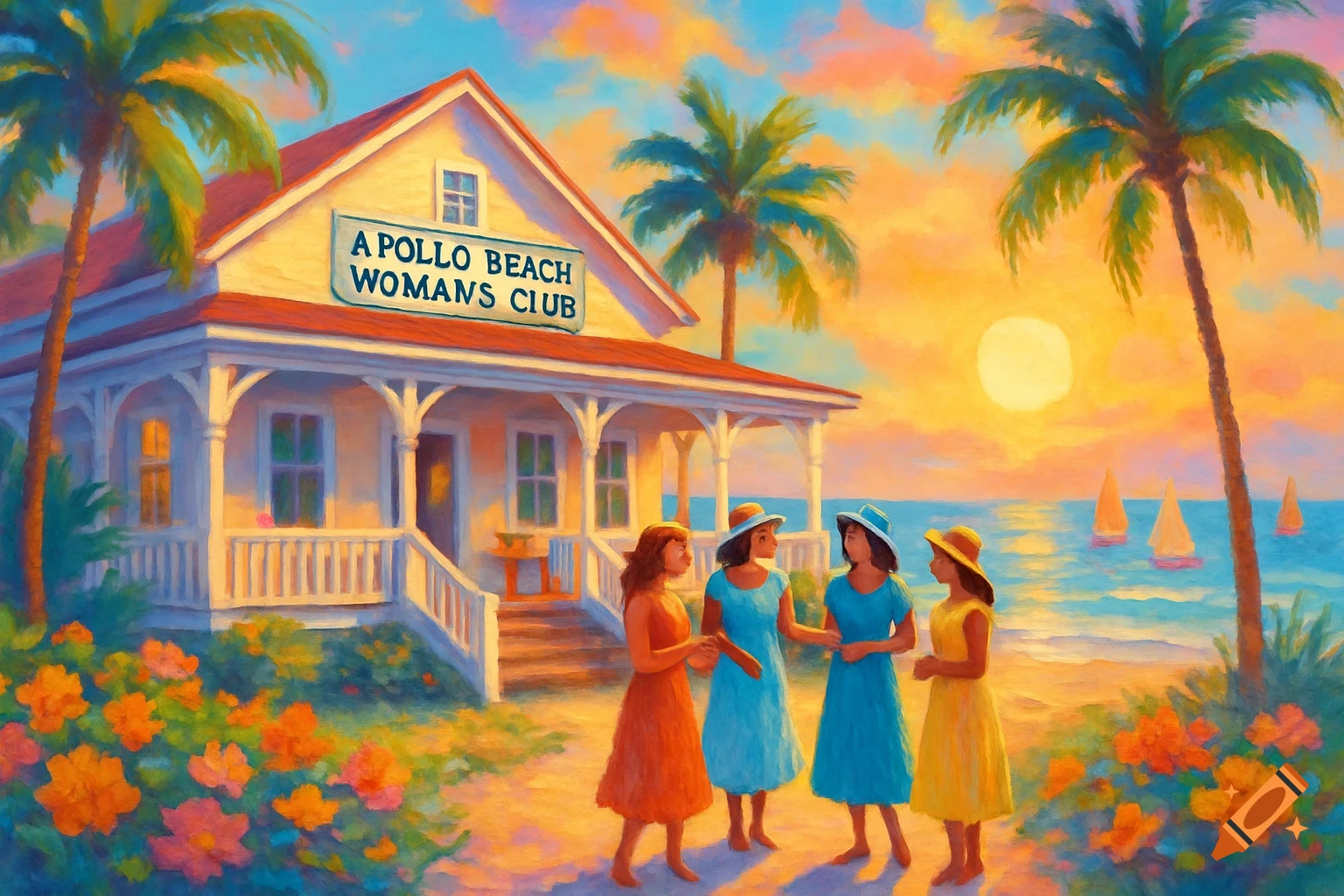 Colorful painting of women outside a beach club with palm trees, a sunset over the ocean.