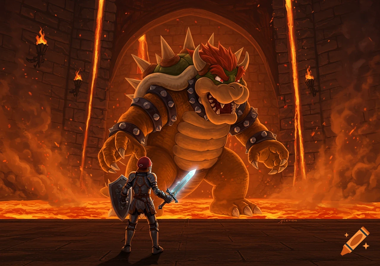 A knight with a glowing sword and shield stands before a giant, menacing Bowser in a lava-filled castle dungeon, digital art.