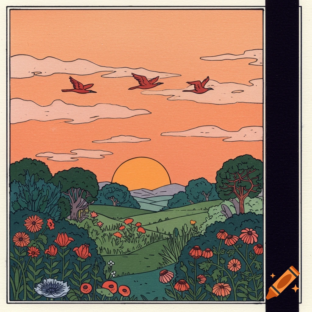 A stylized woodcut illustration of a vibrant sunset landscape with three red birds flying in the orange sky above green hills, trees, and colorful flowers.