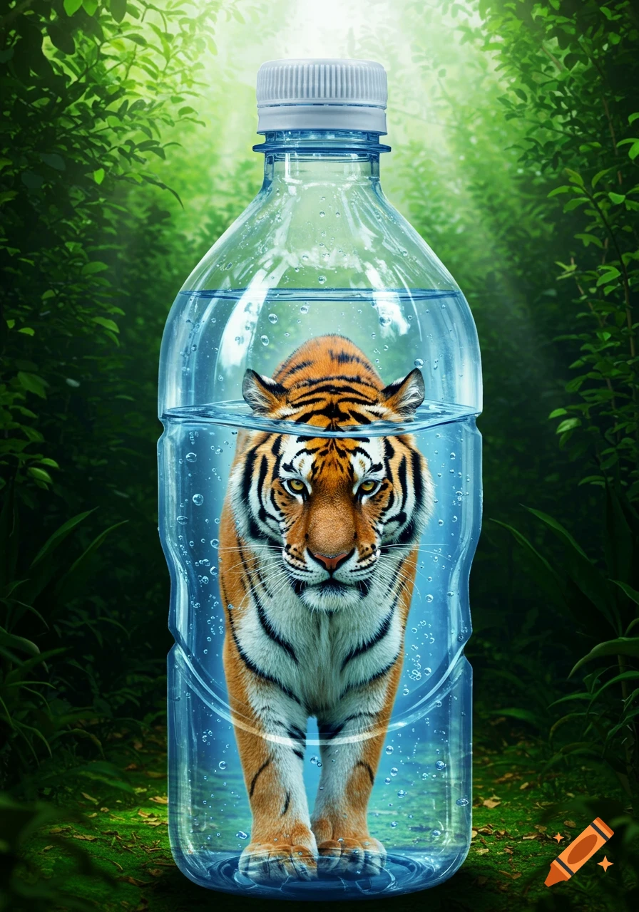A majestic tiger stands inside a clear plastic water bottle filled with water, set against a lush green jungle background.