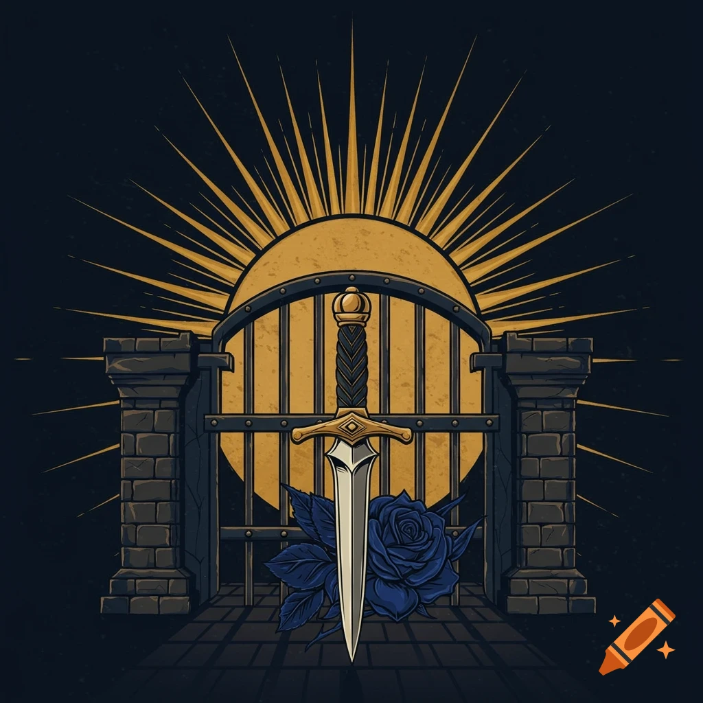 Stylized illustration of a dagger piercing a blue rose, centered before a portcullis with a golden sunburst behind it.