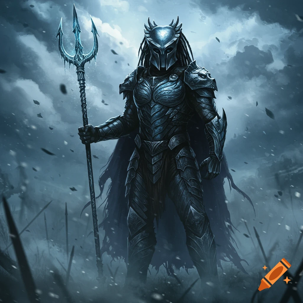 A heavily armored fantasy warrior with a Predator-style helmet and a trident stands in a snowy, stormy landscape.