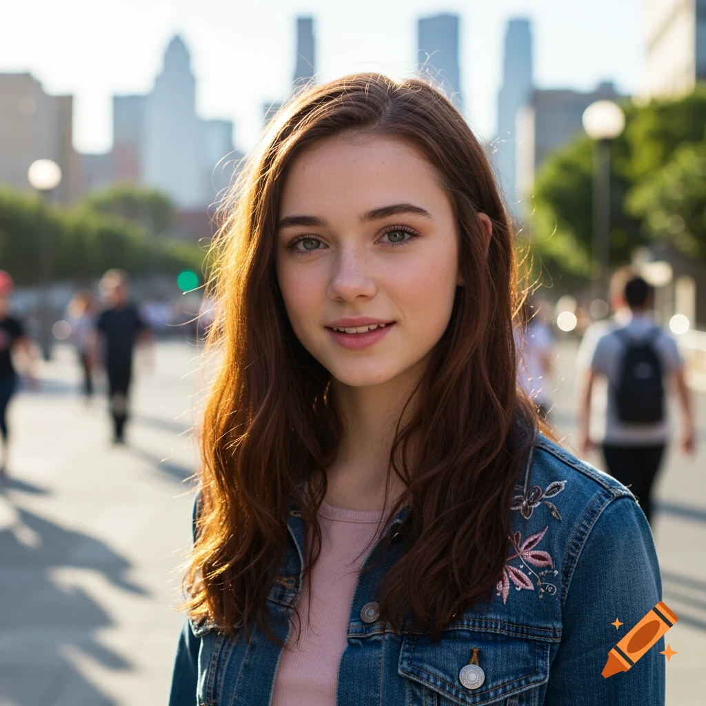 A young woman with long brown hair smiles at the camera on a sunny city street, wearing a denim jacket.