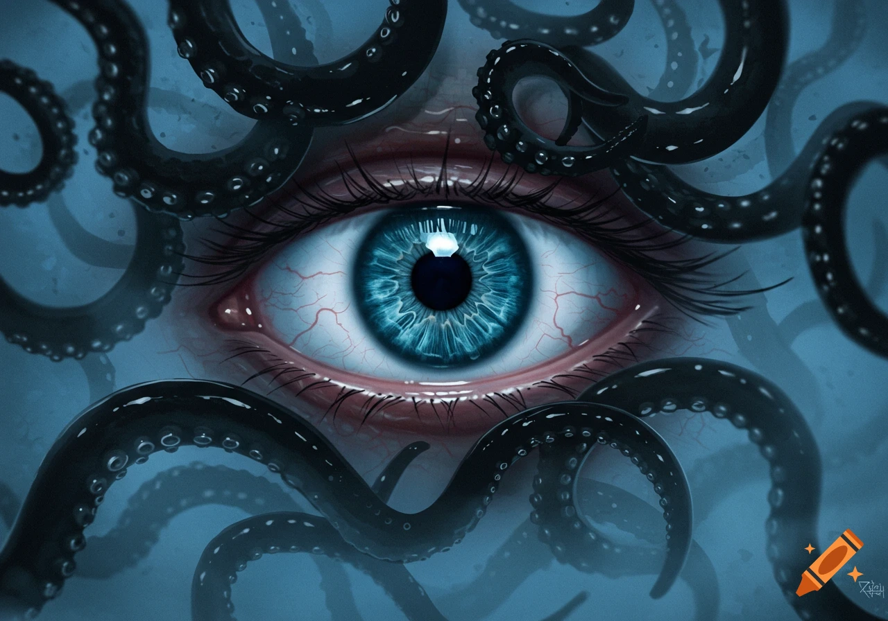 A detailed, eerie digital art close-up of a blue human eye surrounded by shiny black tentacles.