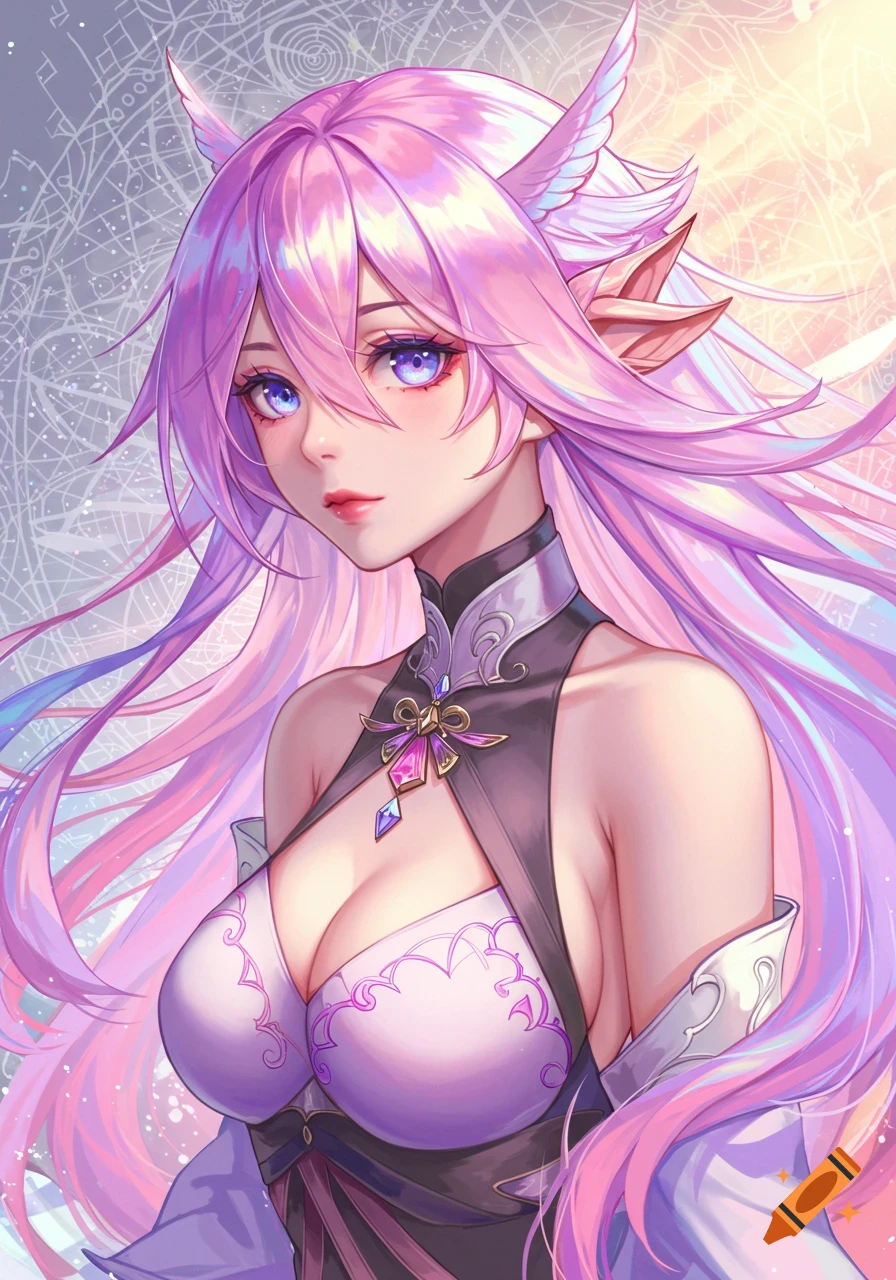 Anime portrait of a fantasy woman with long pink hair, purple eyes, elven ears, and a black and white dress.