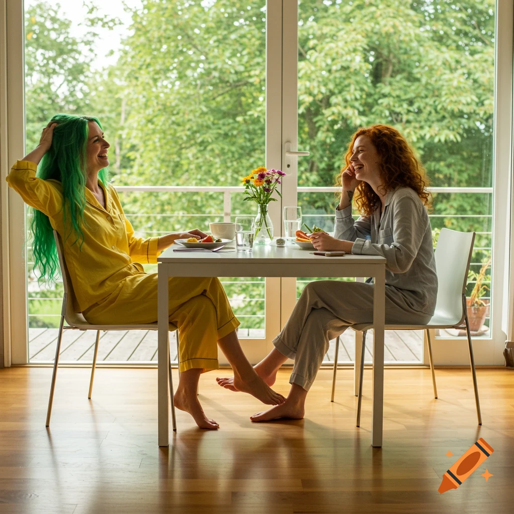 Two cheerful barefoot women, one with green hair in yellow pajamas, the other with red hair in grey, laugh while eating lunch at a table by a large window.