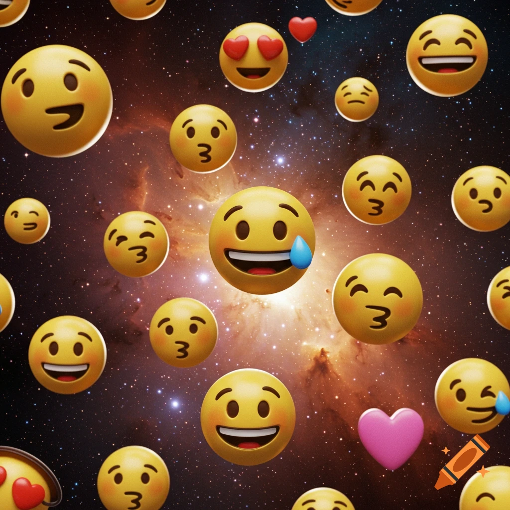Various 3D emojis, including happy, kissing, and crying faces, floating in a star-filled galaxy with nebulas.
