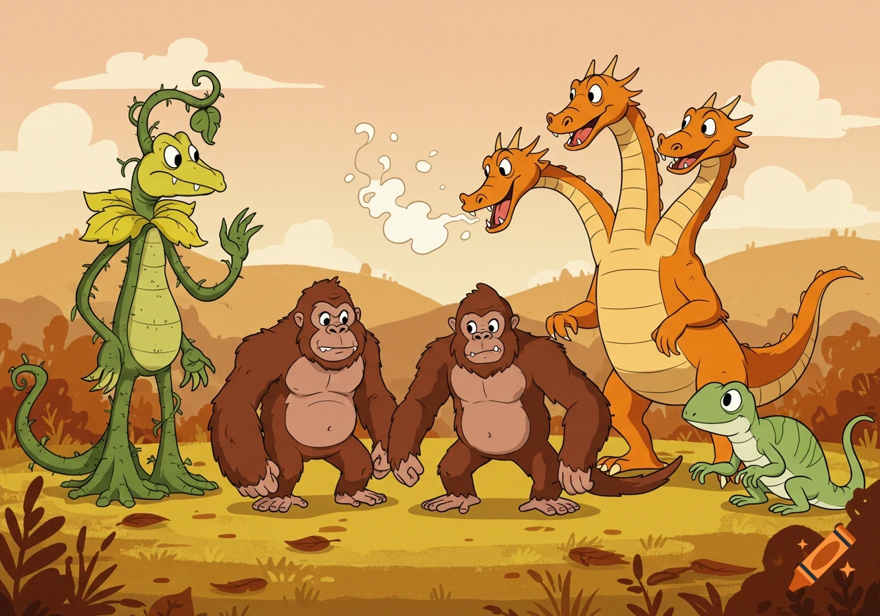 A green plant monster, two brown ape monsters, an orange three-headed dragon, and a small green lizard monster in a 2D cartoon style landscape.