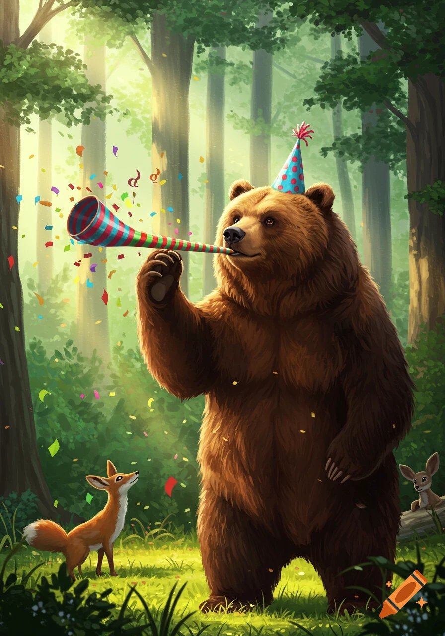 A brown bear wearing a party hat blows a party horn amidst colorful confetti in a lush forest, with a fox and rabbit nearby.