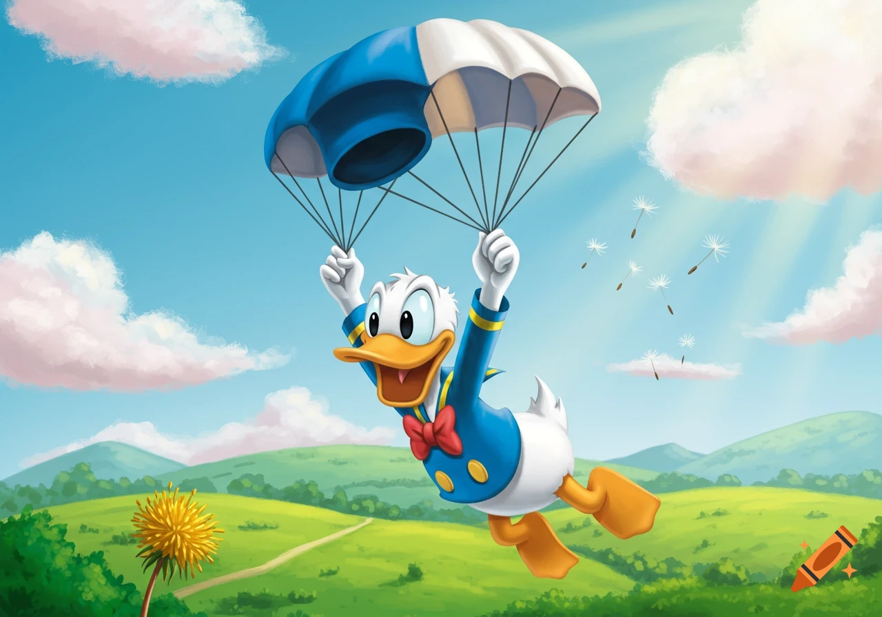 Donald Duck with a blue and white parachute floats over green hills under a sunny blue sky.