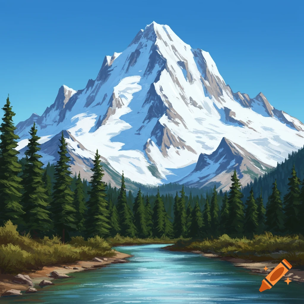A stylized painting of a snow-capped mountain overlooking a river with pine trees on its banks under a clear blue sky.