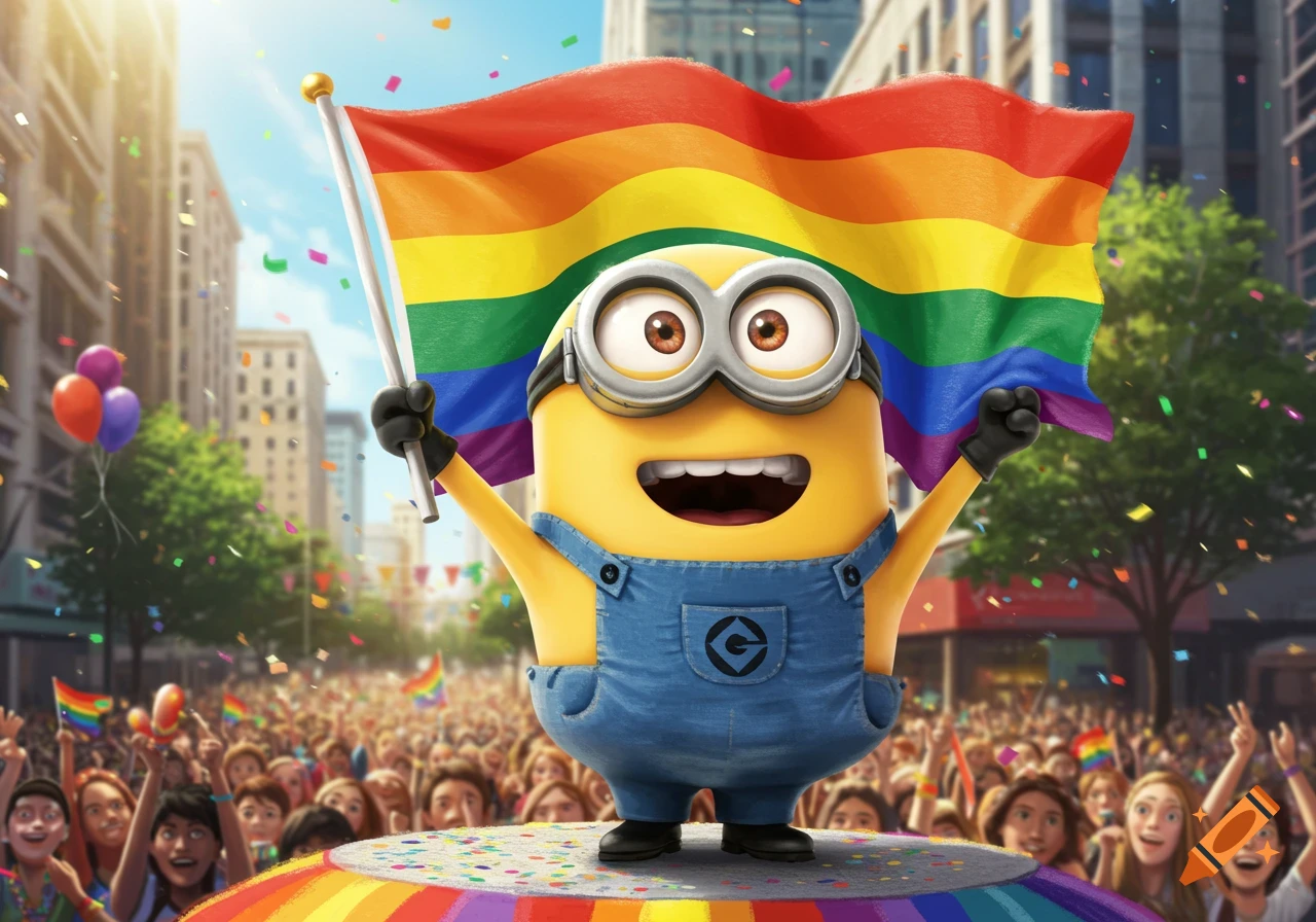 A cheerful Minion holding a large rainbow pride flag, standing on a rainbow platform above a diverse parade crowd with confetti, in an animated style.