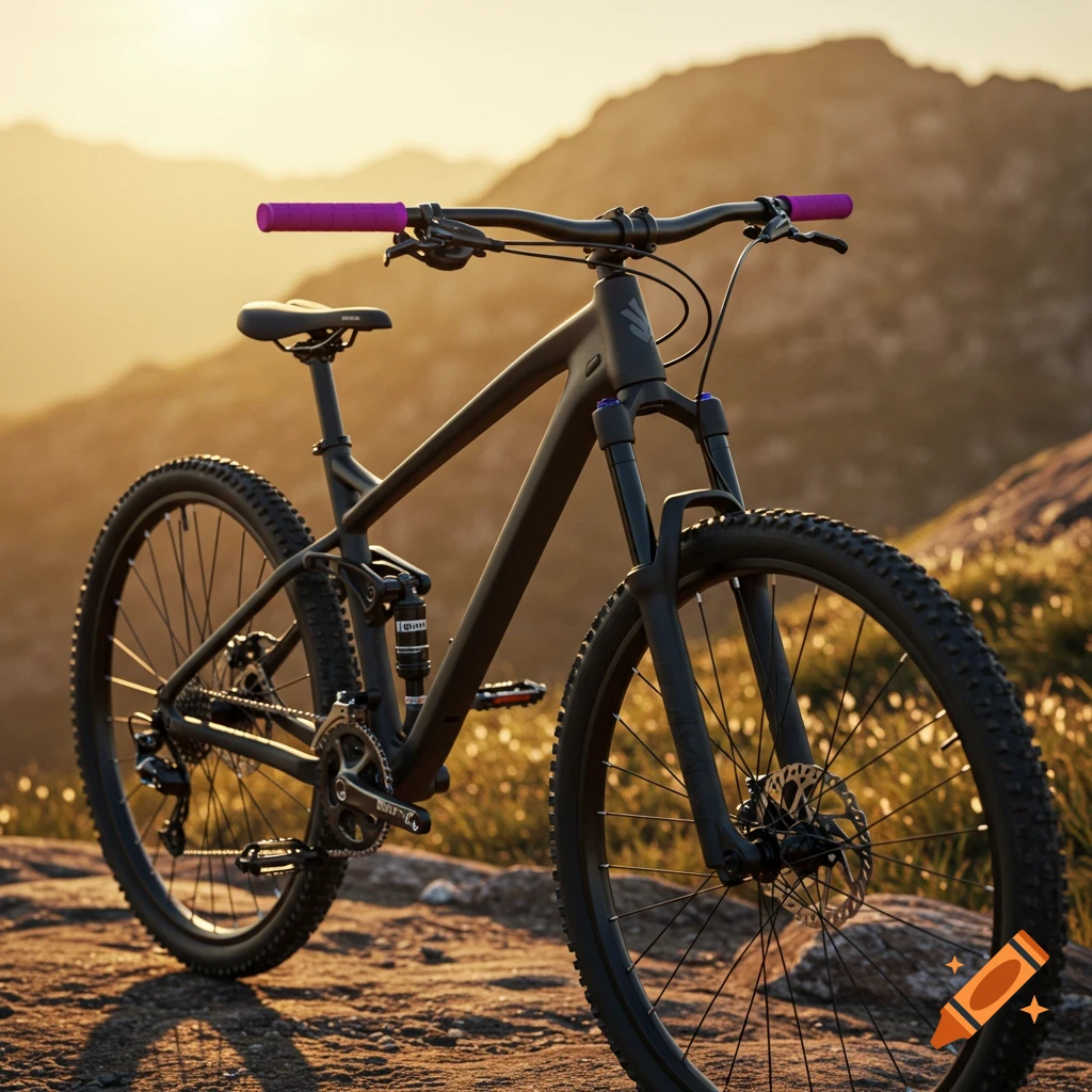 A black full-suspension mountain bike with purple grips is parked on a rocky trail at sunset, with mountains in the background.
