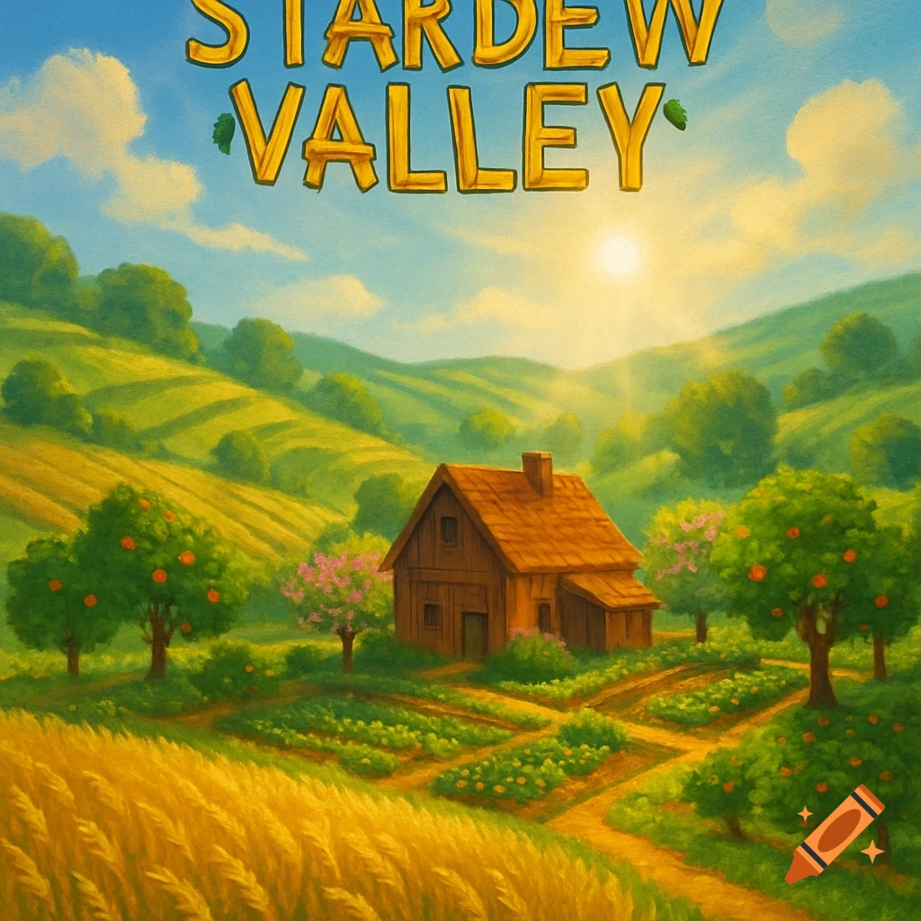 A stylized painting of a farm in a valley under a sunny sky, with a small cabin, crop fields, fruit trees, and rolling green hills. The words STARDEW VALLEY are at the top.